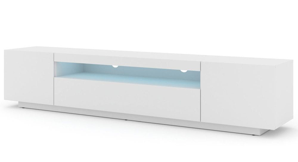 Homlando TV skrinka AURA 200 cm univerzálna, závesná alebo stojaca s LED osvetlením biely mat